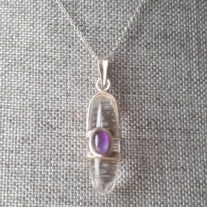 Sterling Silver Rock Quartz Crystal & Amethyst Pendant Necklace
